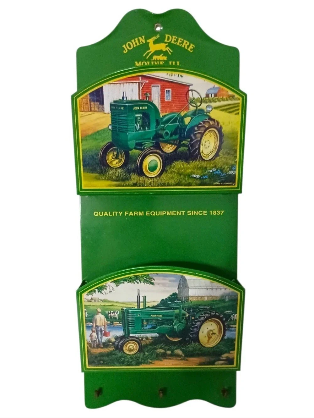 Vtg John Deere Tractor Mail Holder Key Rack Metal 3 Hooks Farmhouse Wall Decor